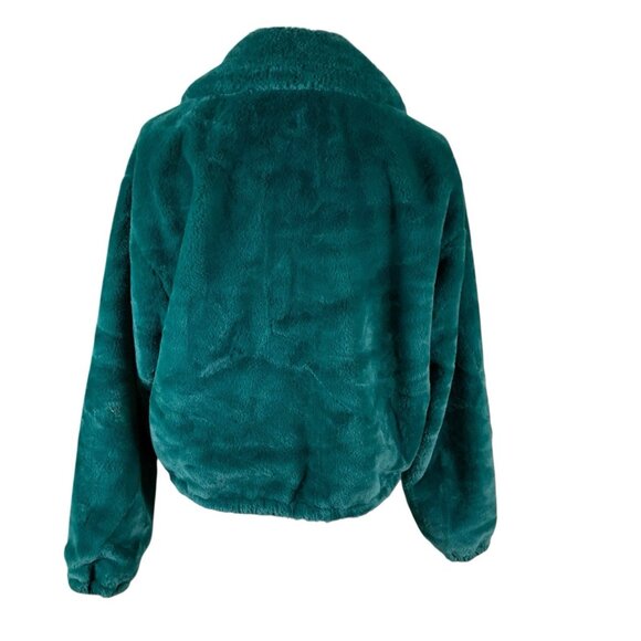 Know One Cares Forest Green Faux Fur Zip Jacket L Cozy Soft Y2K Winter - Picture 2 of 3